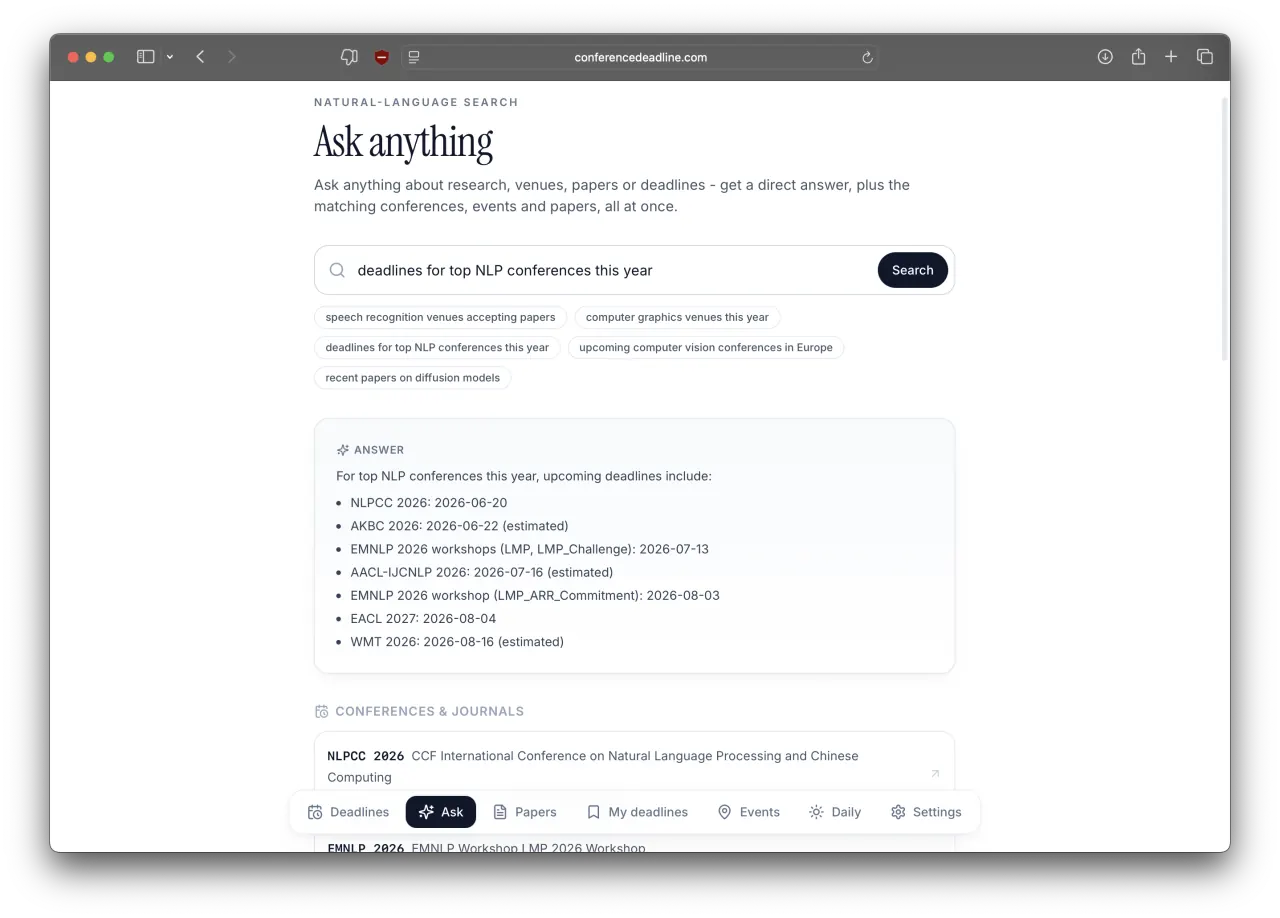 Ask view on conferencedeadline.com: a natural-language query about deadlines for top NLP conferences returning a direct answer plus matching conferences and journals.