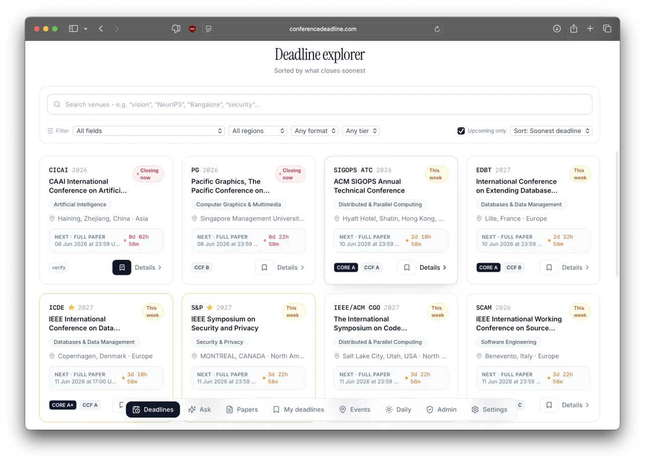 Deadline explorer on conferencedeadline.com: a grid of conference cards sorted by what closes soonest, each showing field, location, tier and the next full-paper date.