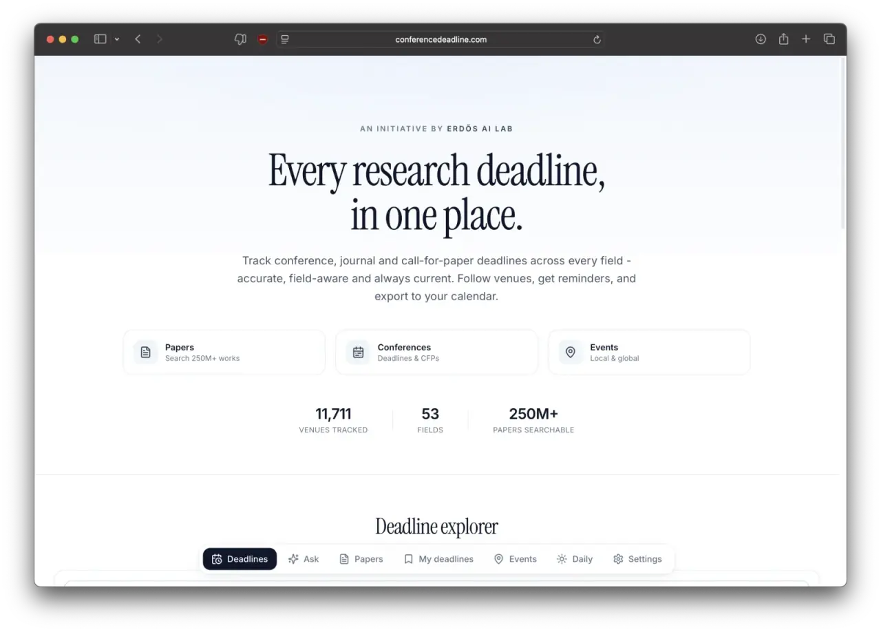 conferencedeadline.com home page: Every research deadline, in one place, with cards for Papers, Conferences and Events and a deadline explorer.