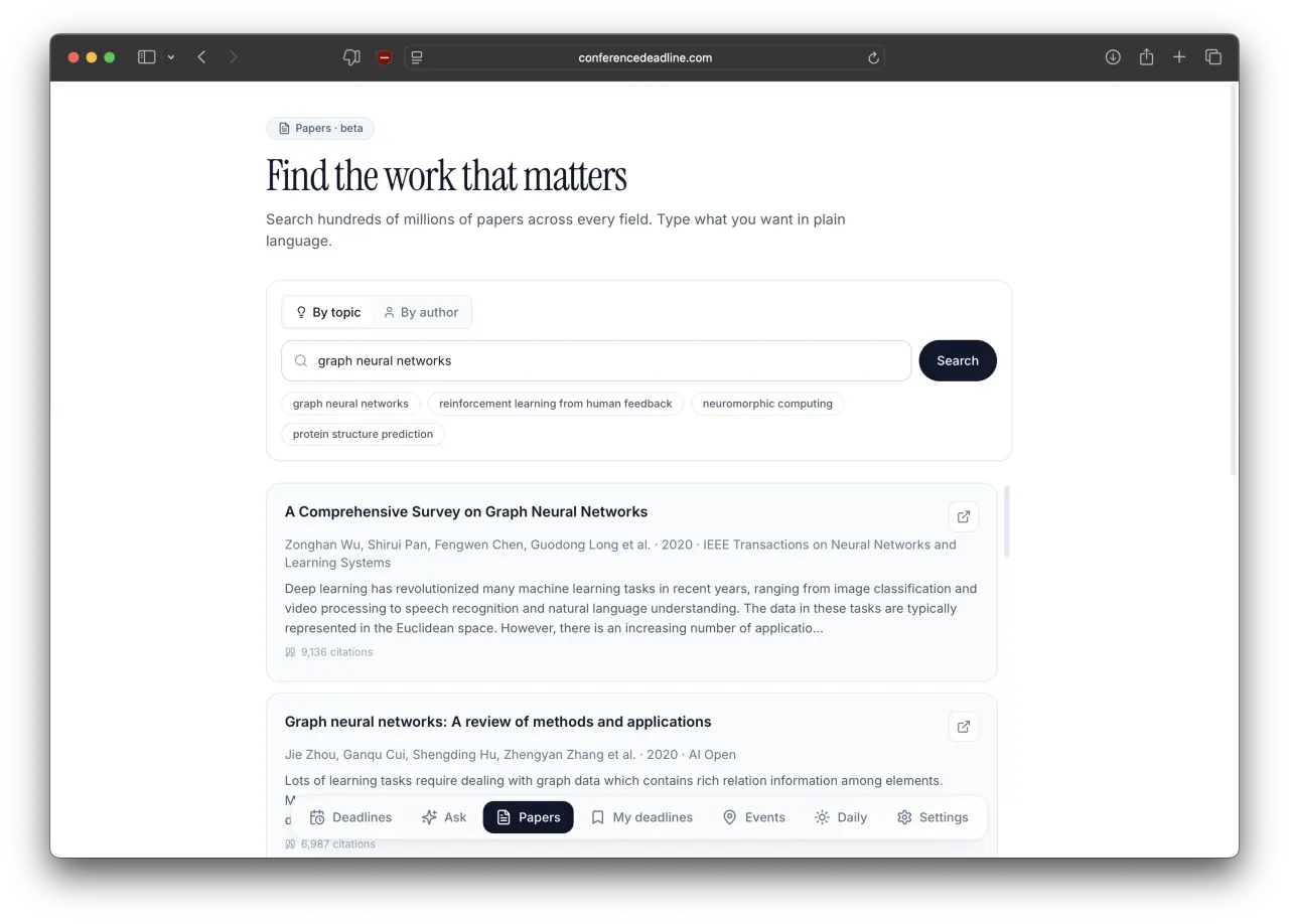 Paper search on conferencedeadline.com: a search box for 'graph neural networks' with a ranked list of papers, authors, years and citation counts.