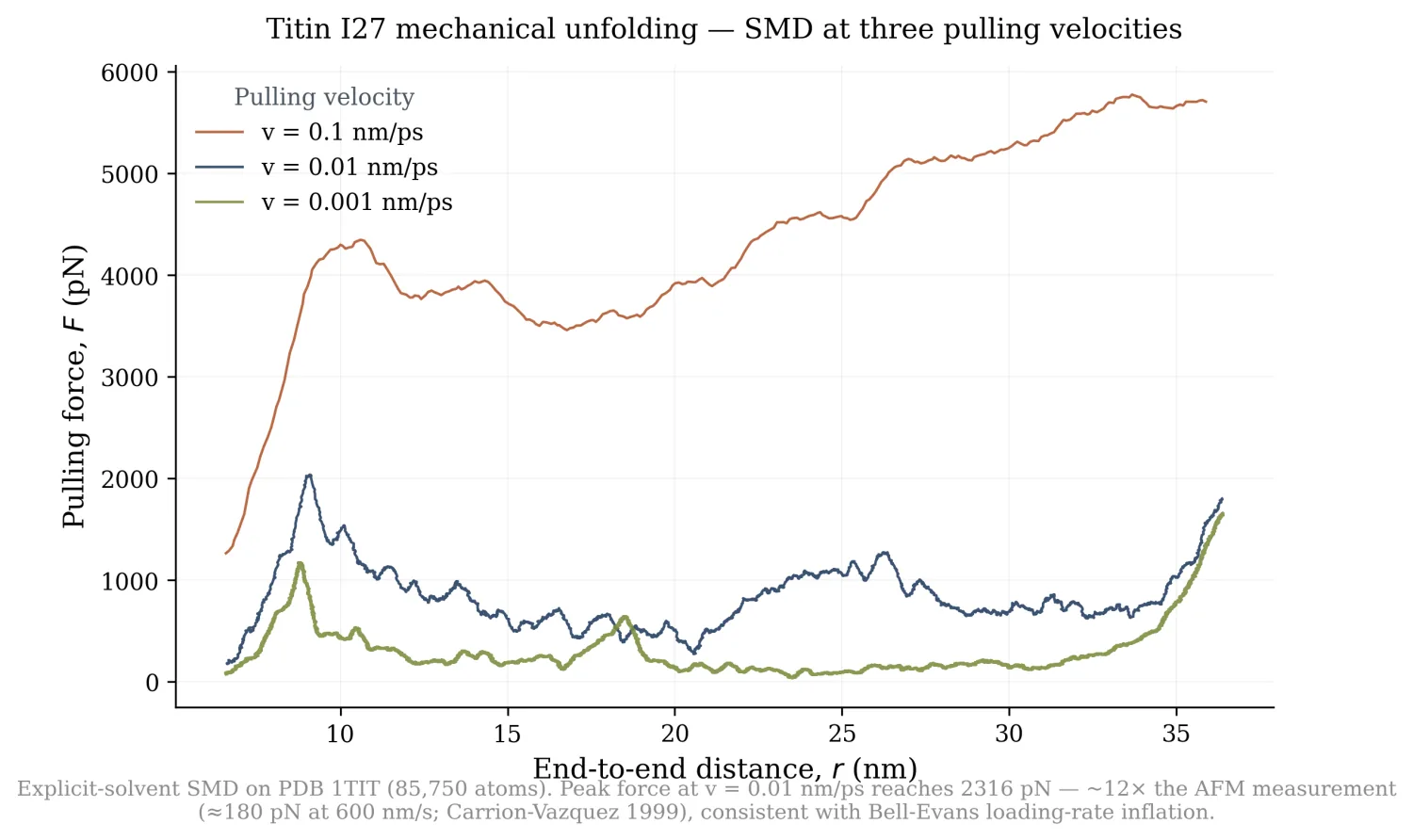 Force versus end-to-end distance for titin I27 at three pulling velocities. The fast curve peaks near 5900 pN, the medium near 2300 pN around r = 9 nm, the slow curve stays low until near the contour length.