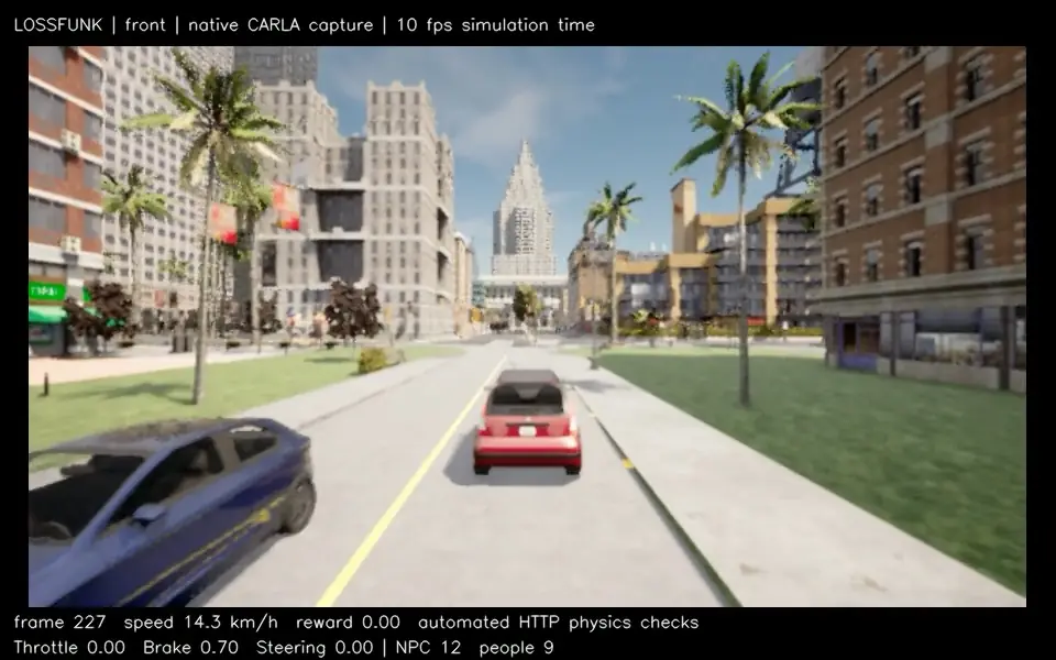 Vehicle approaching an urban avenue lined with buildings and palms