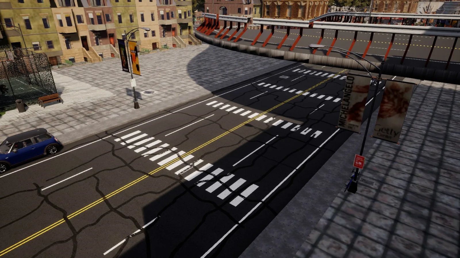 A road with patched asphalt and pedestrian crossings beneath an elevated connector